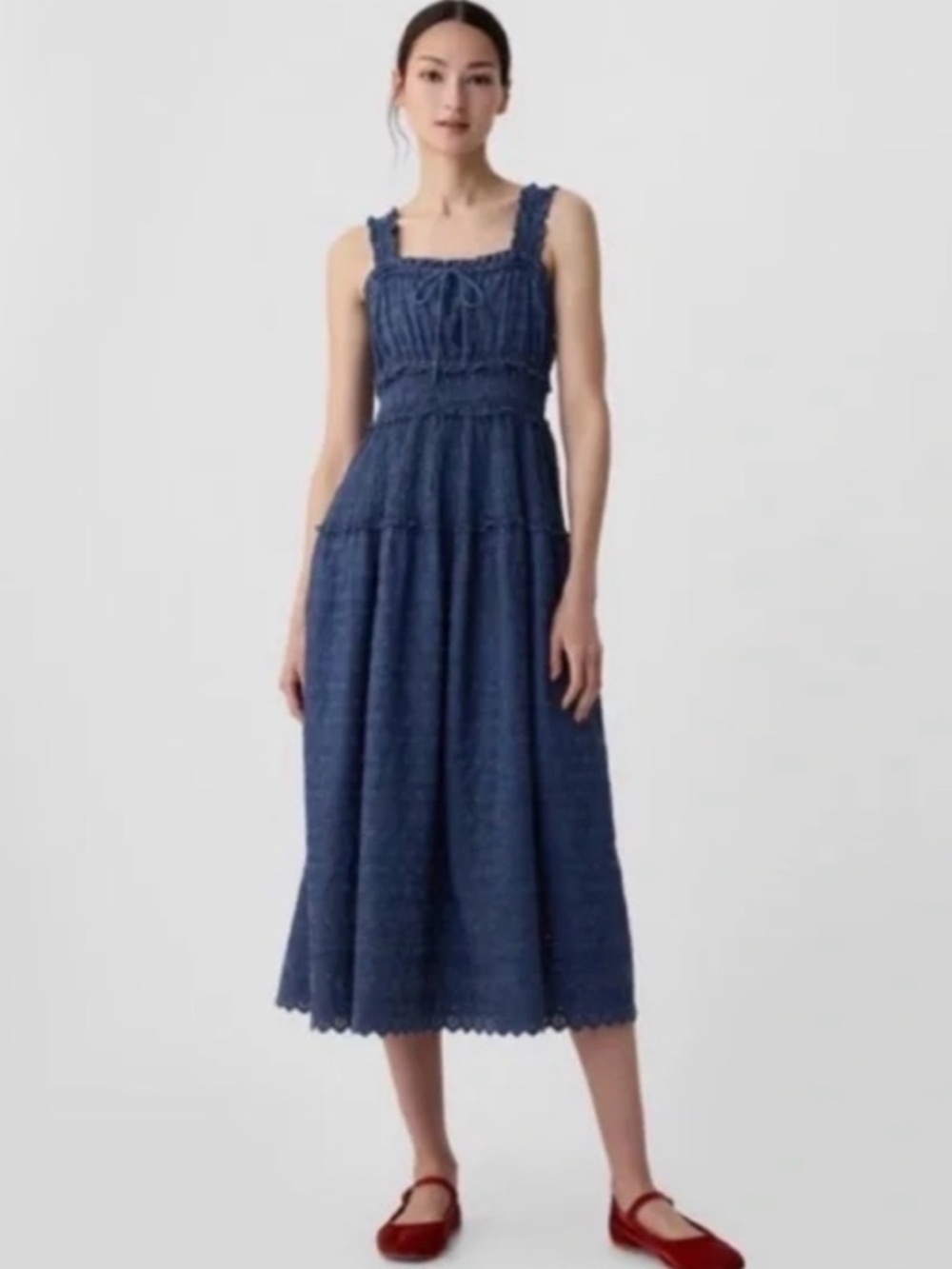 Gap x DÔEN Eyelet Navy Blue Denim Midi Dress, Size Small